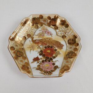 Japanese Kutani Ware Plate Hand Painted 6.5" Peacock Flowers Antique Taisho Era